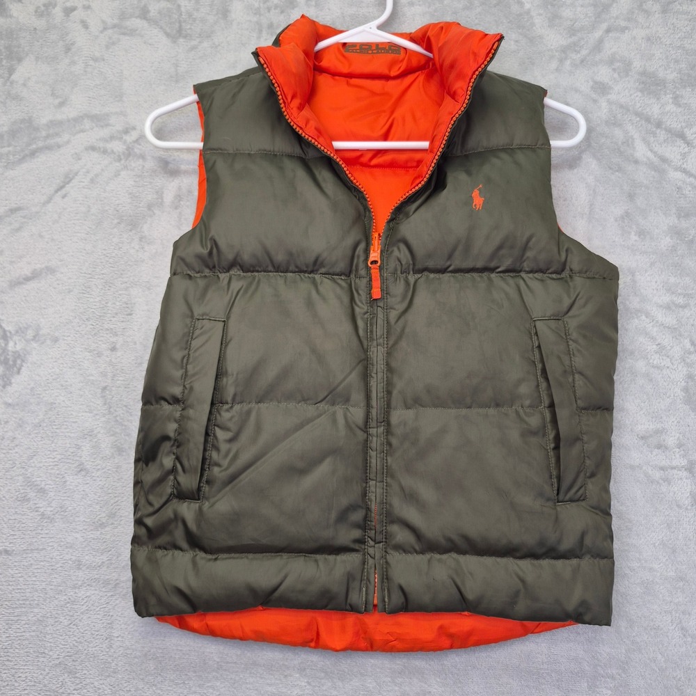 Polo Ralph Lauren Kids Reversible Down Puffer Vest Olive Orange Size S 8-10 - Picture 9 of 11